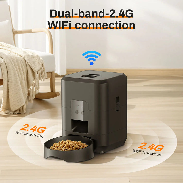 Black pet feeder with 2.4G WiFi connection.