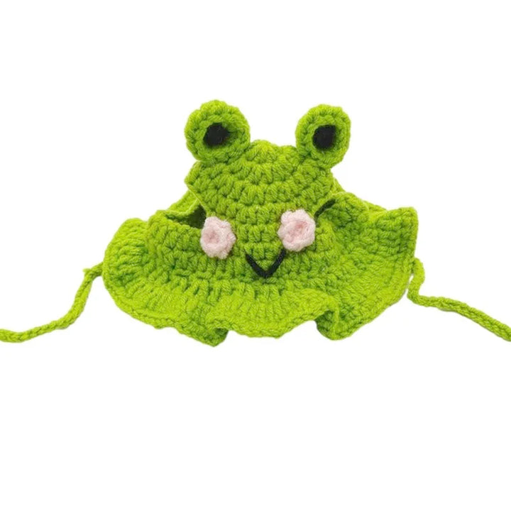 Green crocheted frog pet hat