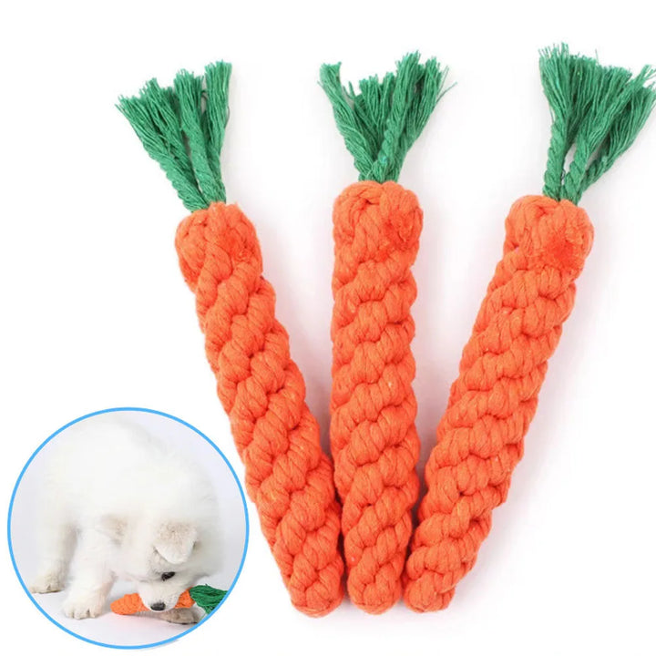 Three durable orange carrot-shaped dog toys with green tops and a dog chewing on it