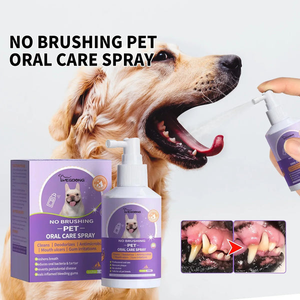 Dog receiving a pet oral care spray with packaging and before-and-after images on a white background.