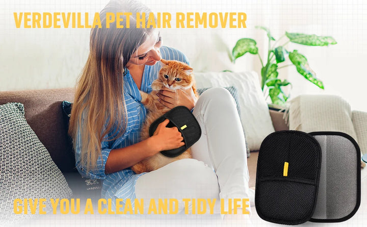 Woman holding a cat with a pet hair remover glove on a couch.