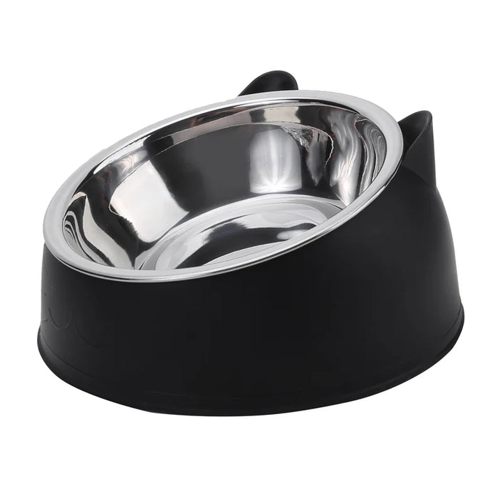Black cat bowl with a stainless steel interior 