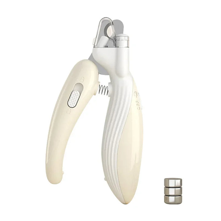 White and beige pet nail clipper with additional attachments on a white background