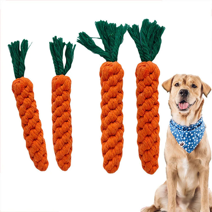 Four durable carrot-shaped dog toys with green tops and a happy dog 
