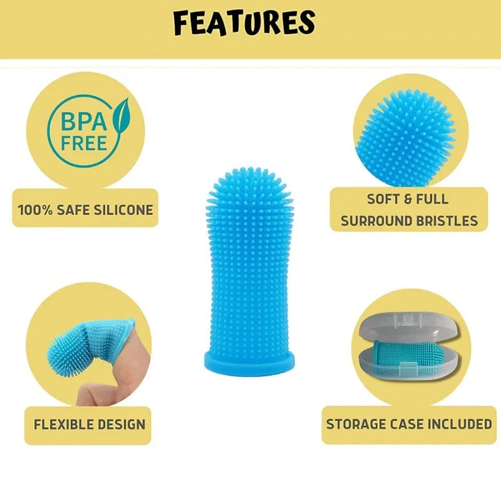 Blue silicone Dog Finger Toothbrush with features 