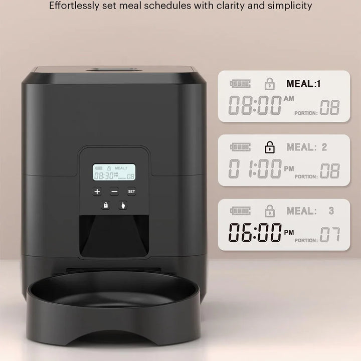 Automatic cat feeder with food tank digital display and meal schedule timers.