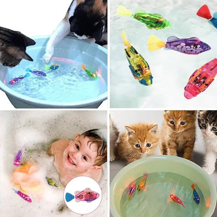 Colorful cat fish toys in water with cats and a child playing.