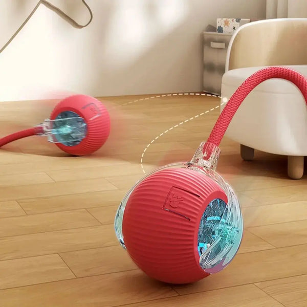 Interactive cat ball toy with faux tail rolling across floor