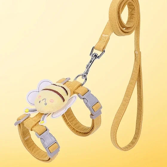 Cat harness and leash set with a cute bee design on a yellow background