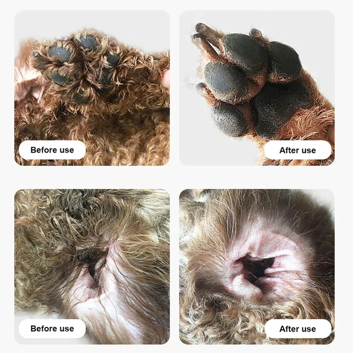 Before and after use comparison of a Led dog paw fur trimmer and ear with a white background.