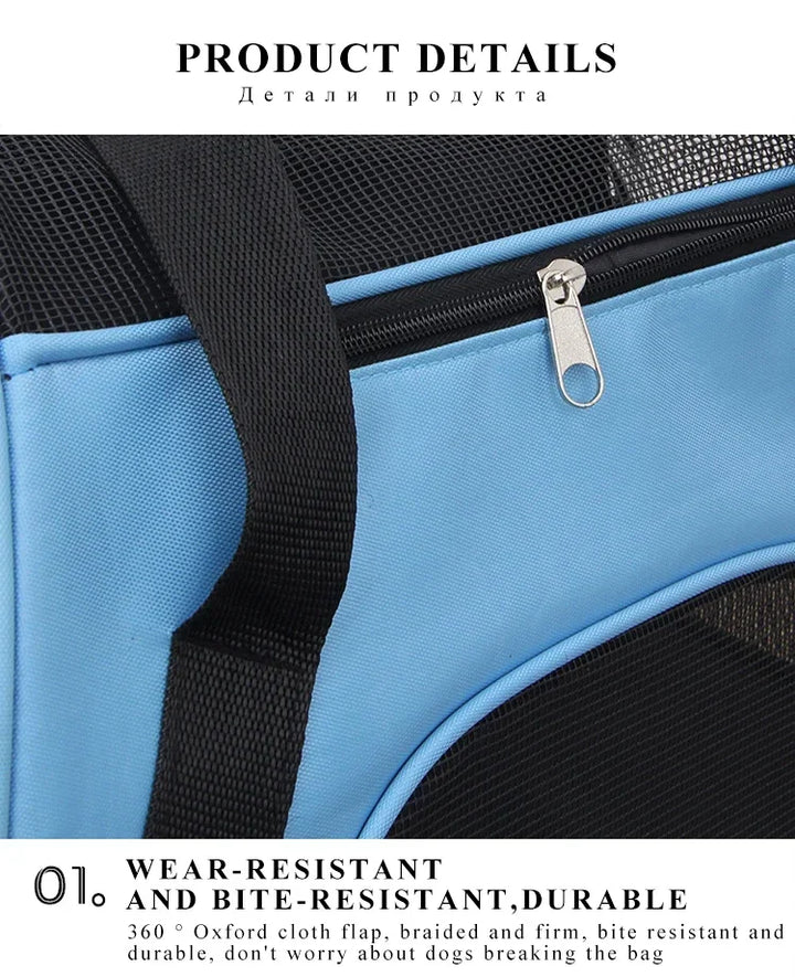 Blue pet carrier with black mesh and strap, featuring wear-resistant and bite-resistant properties.