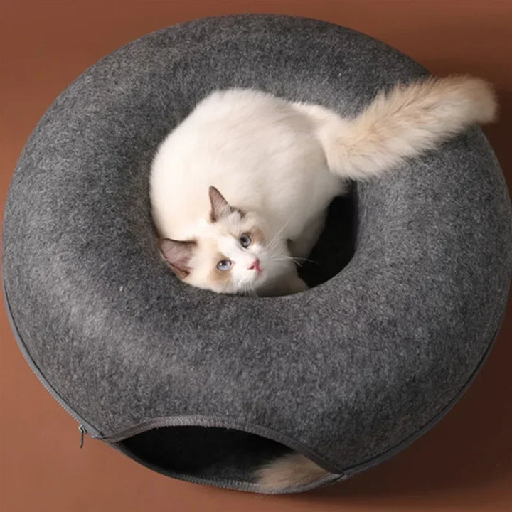 Cat inside a gray cat donut bed