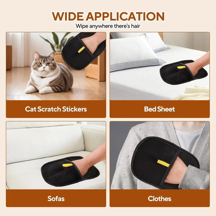 Product usage scenarios of a pet hair removal glove including cat scratch stickers, bed sheet, sofas, and clothes.