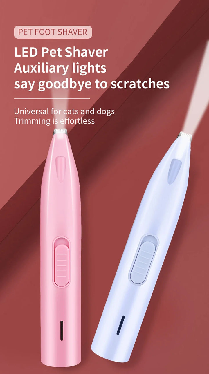 Pink and blue Led dog paw fur trimmer on a red background with text about ease of use.