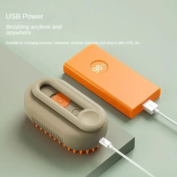 USB-powered dog and cat grooming brush with orange power bank