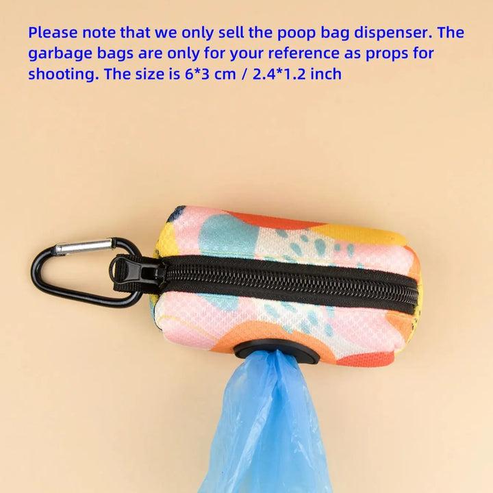 Colorful poop bag dispenser with a blue plastic bag on a beige background