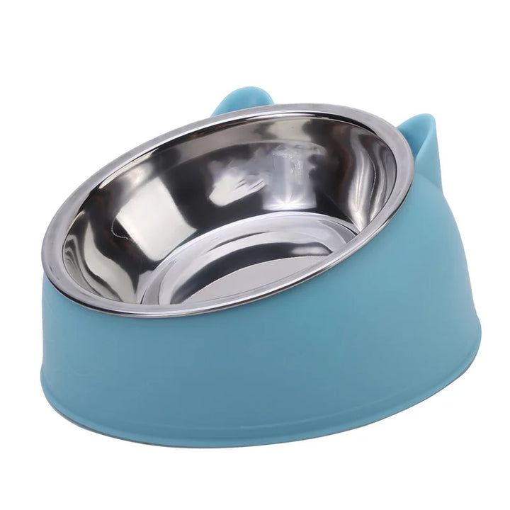 Blue cat bowl with a stainless steel interior 