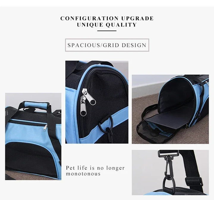 Pet carrier with blue and black design, featuring grid pattern and spacious interior.