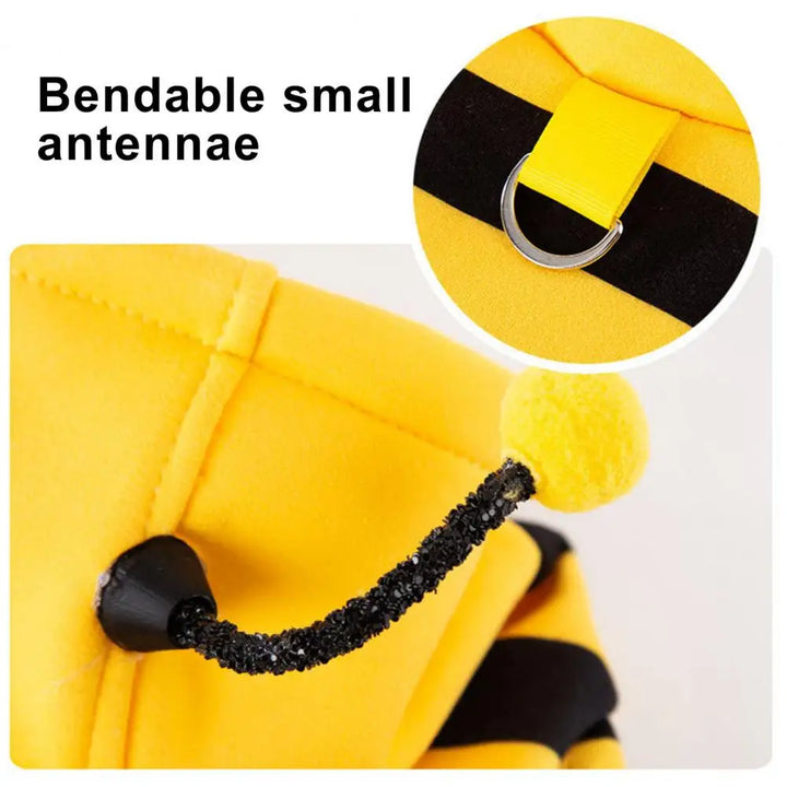 Yellow bee costume with bendable antennae and close-up of the antenna on a white background.