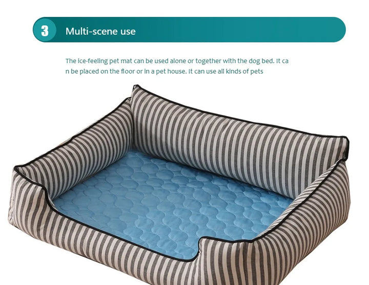 Dog cooling mat placed inside the dog bed