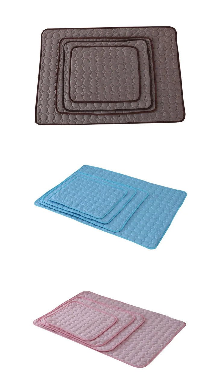 Dog cooling mats in brown, blue and pink colors