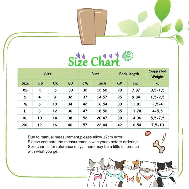 Size chart for cat bee costume