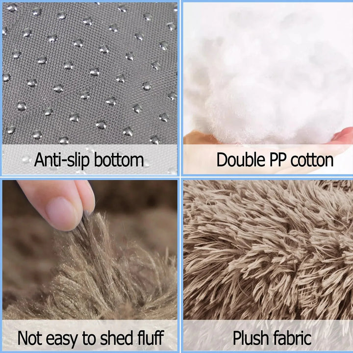 Pictures of Round Dog Bed with anti-slip bottom, double PP cotton, not easy to shed fluff, and plush fabric.