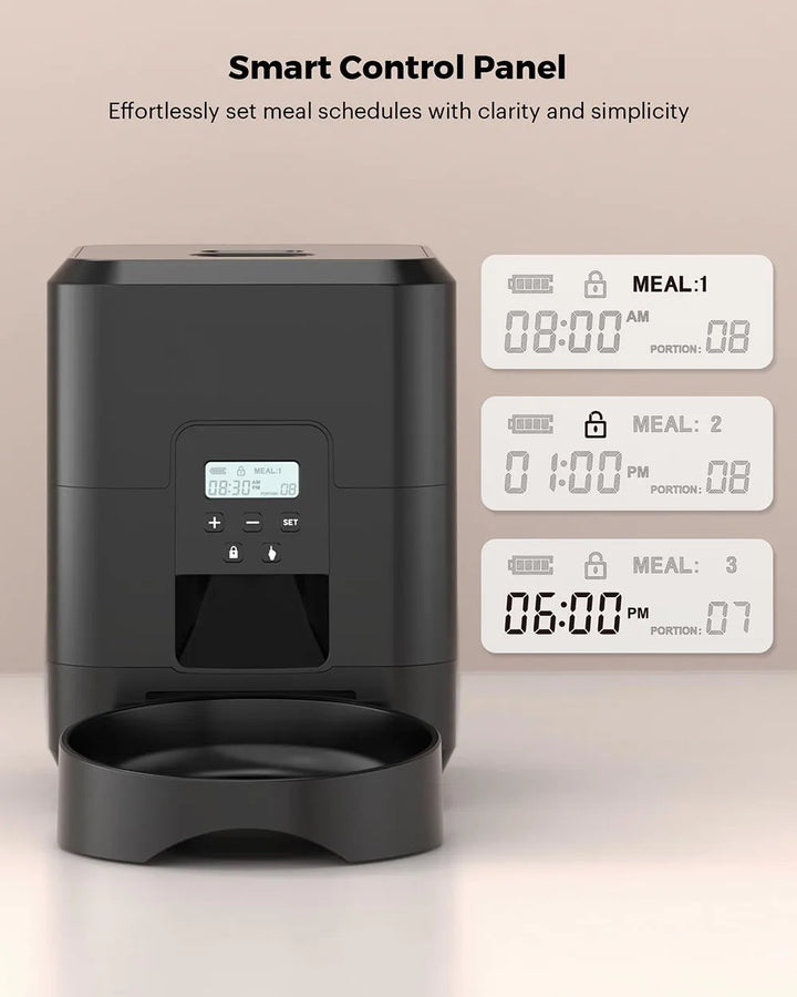 Black pet feeder with smart control panel displaying meal schedules