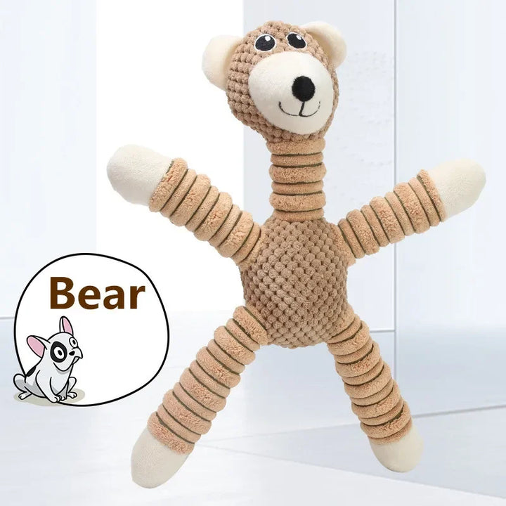 Knitted bear toy indestructible squeaky dog chew toy with a white background