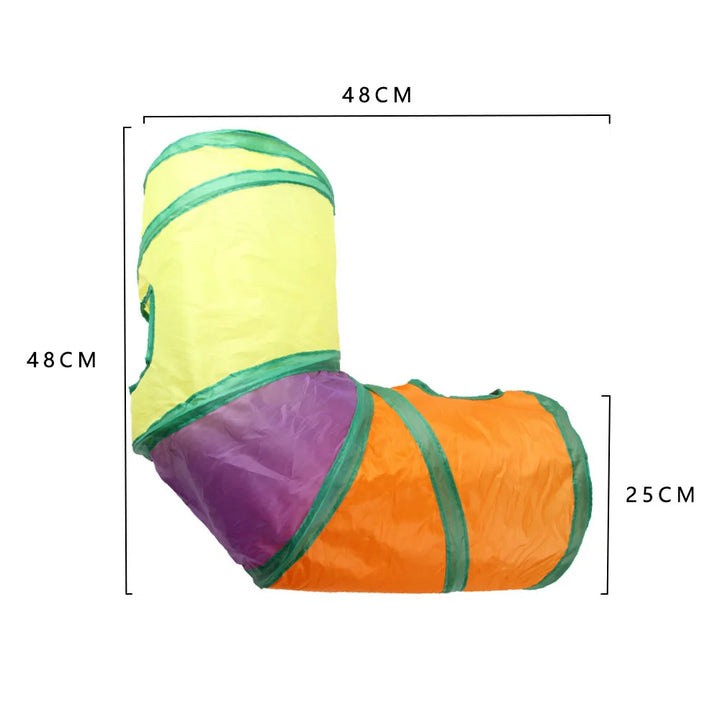 Colorful cat tunnel toy with dimensions on a white background