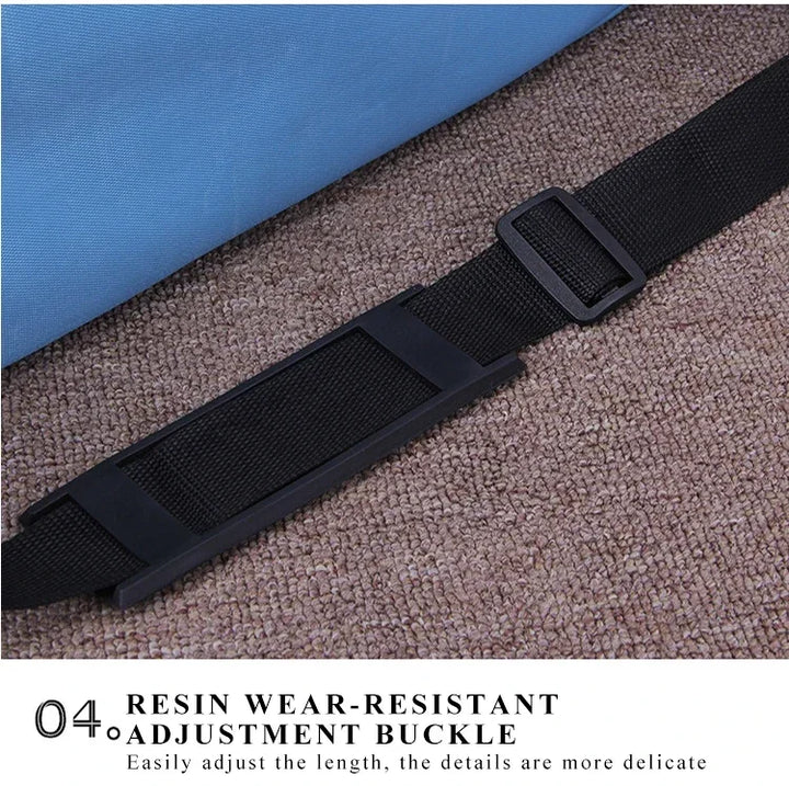 Black resin wear-resistant adjustment buckle on a textured surface with text description.