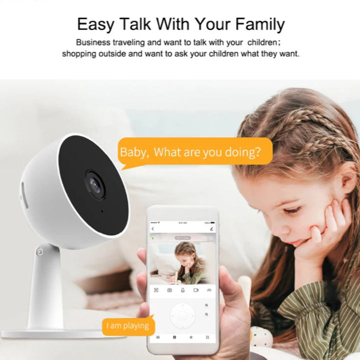 Smart home device with Tuya Smart Life branding, showing a child and a phone with a video call interface.