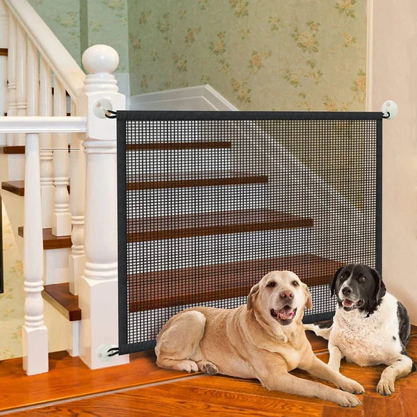 Two dogs sitting in front of a pet gate in a home setting.