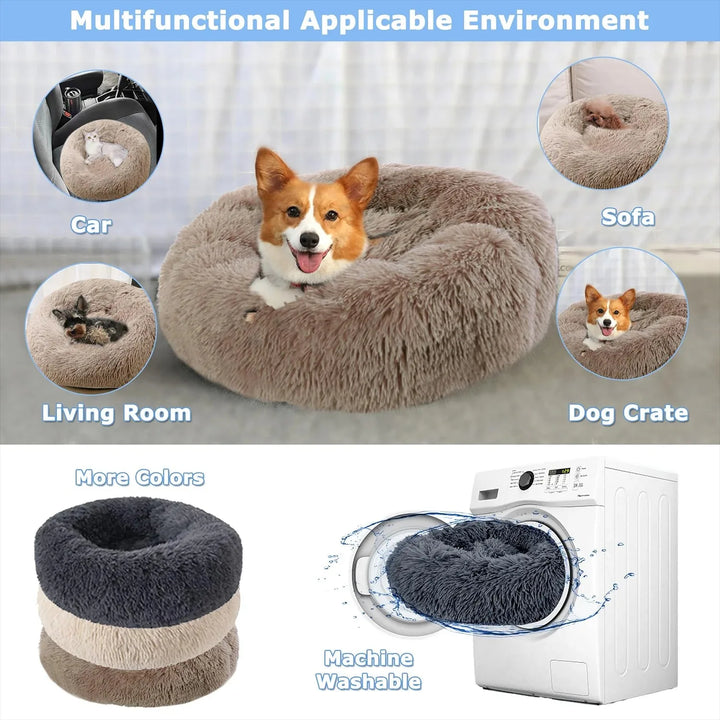 Multifunctional Round Dog Bed with a dog inside, shown in various settings including car, sofa, living room, and dog crate. Machine washable feature.