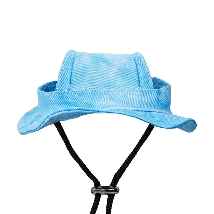 Light blue dog bucket hat with a black chin strap on a white background