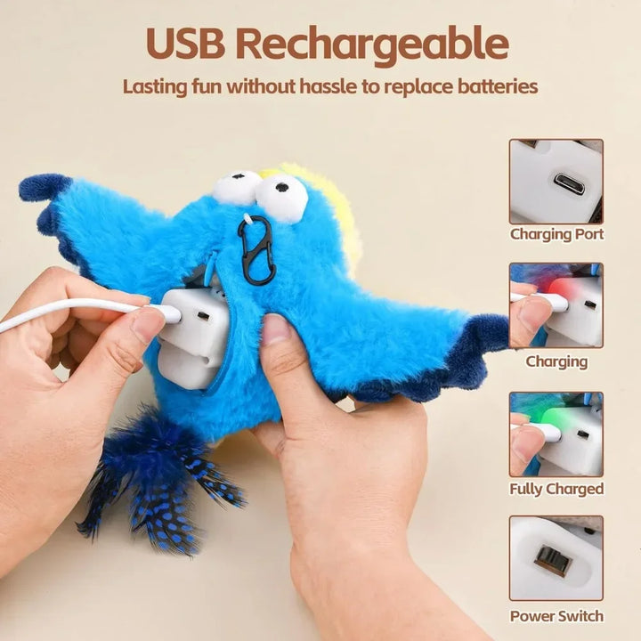 Blue Flapping Bird Cat Toy with USB charging cable, showing charging process and features.