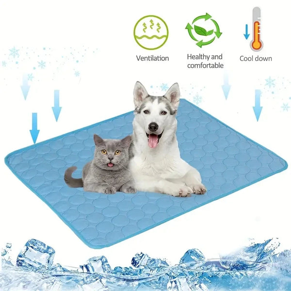 Dog cooling mat with a dog and cat on it