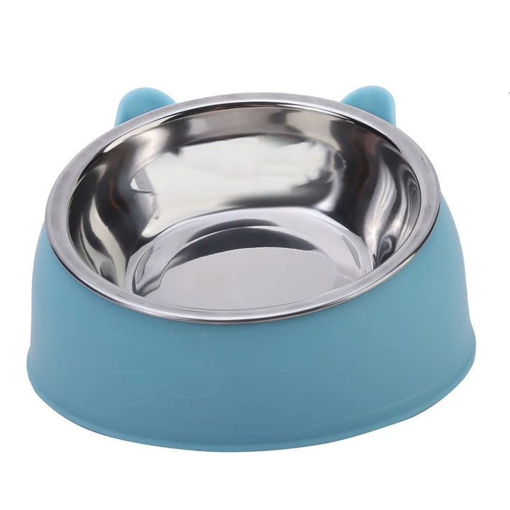 Blue cat bowl with a stainless steel interior front view