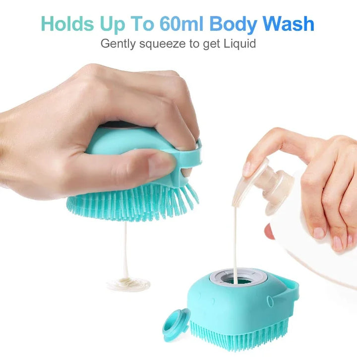 Pet shampoo brush being gently squeezed to get soap out