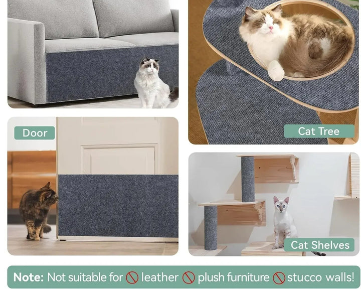  Cat Scratching Mat attached to a sofa, cat tree, door and cat shelves. 