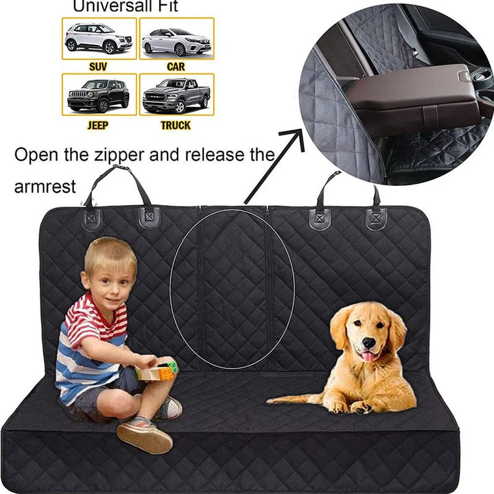 Dog car seat cover with a child and dog on it, showing how to open and use the product.