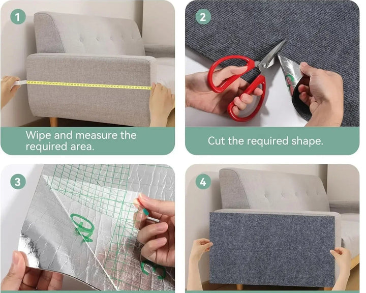 Steps for using Cat scratching mat branding, including wiping, measuring, cutting, peeling, and pasting.