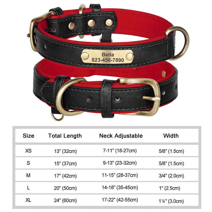 Two dog collars, one red and one black, with brass hardware on a white background. Below the collars is a size chart.