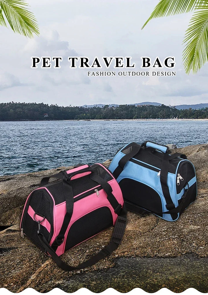 Two pet travel bags, one pink and one blue