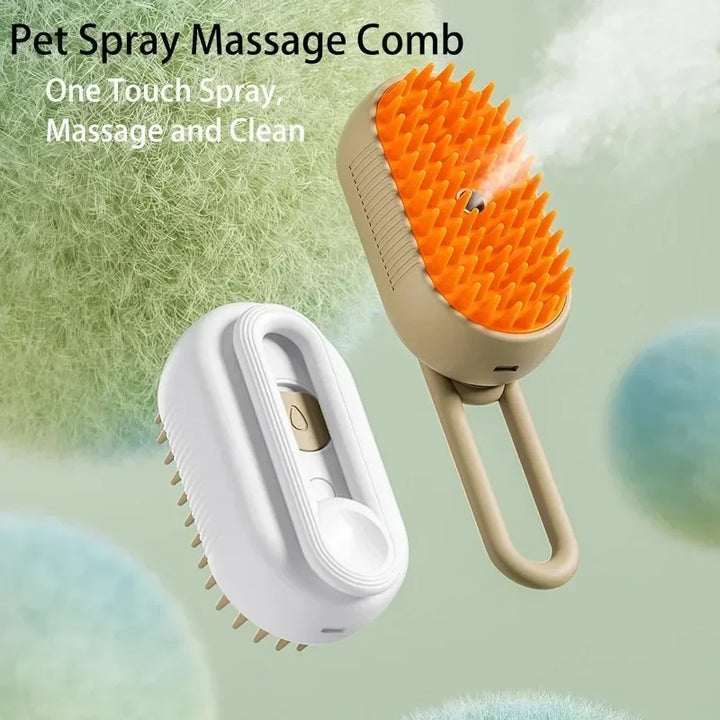 Steamy Dog and Cat Brush having a one touch spray and massage feature