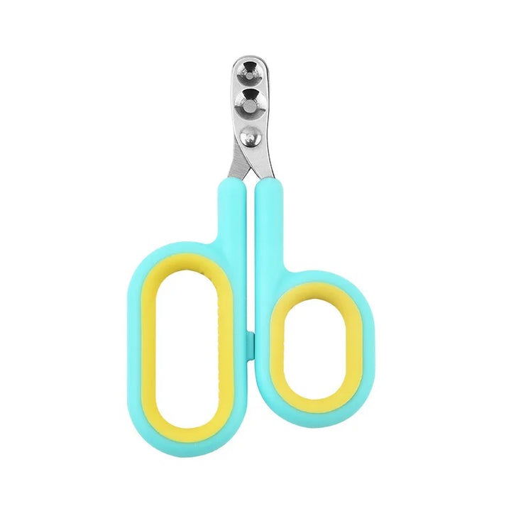 Pet nail clippers with blue and yellow handles on a white background