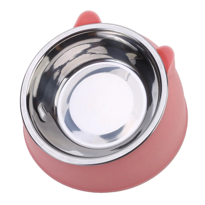 Pink cat bowl with a stainless steel interior top view