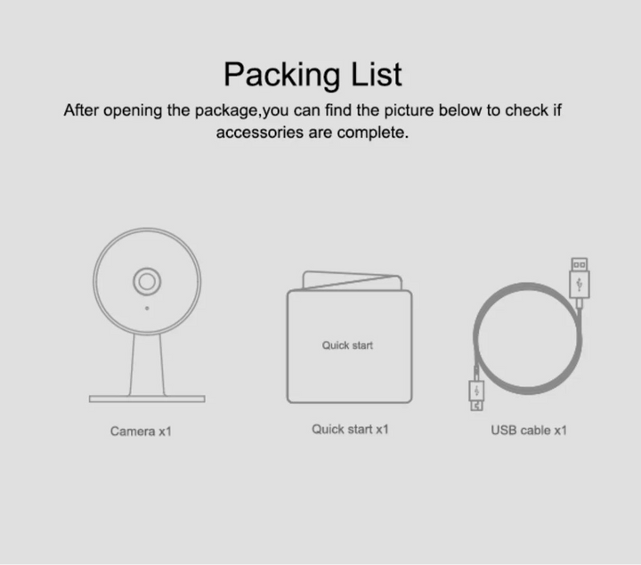 Packing list for a product with Tuya Smart Life branding, showing camera, quick start guide, and USB cable.