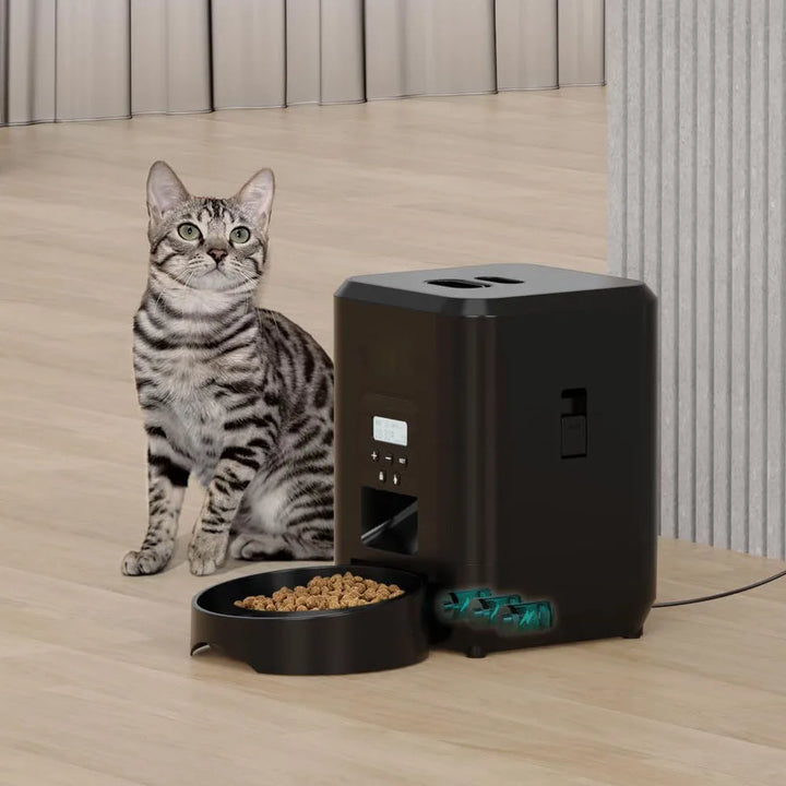 Cat sitting next to a smart automatic cat Feeder with food.