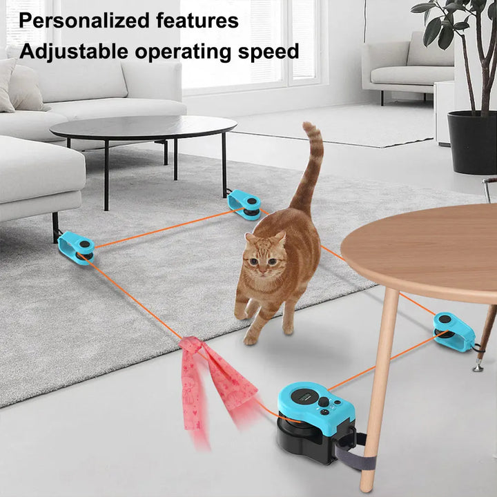 Cat playing with a Remote-Controlled Cat Toy on a living room floor, with text about personalized features and adjustable operating speed.